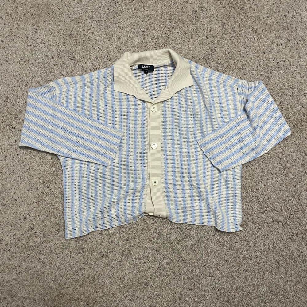 Cropped Boohooman Long-Sleeve Knit Polo Shirt